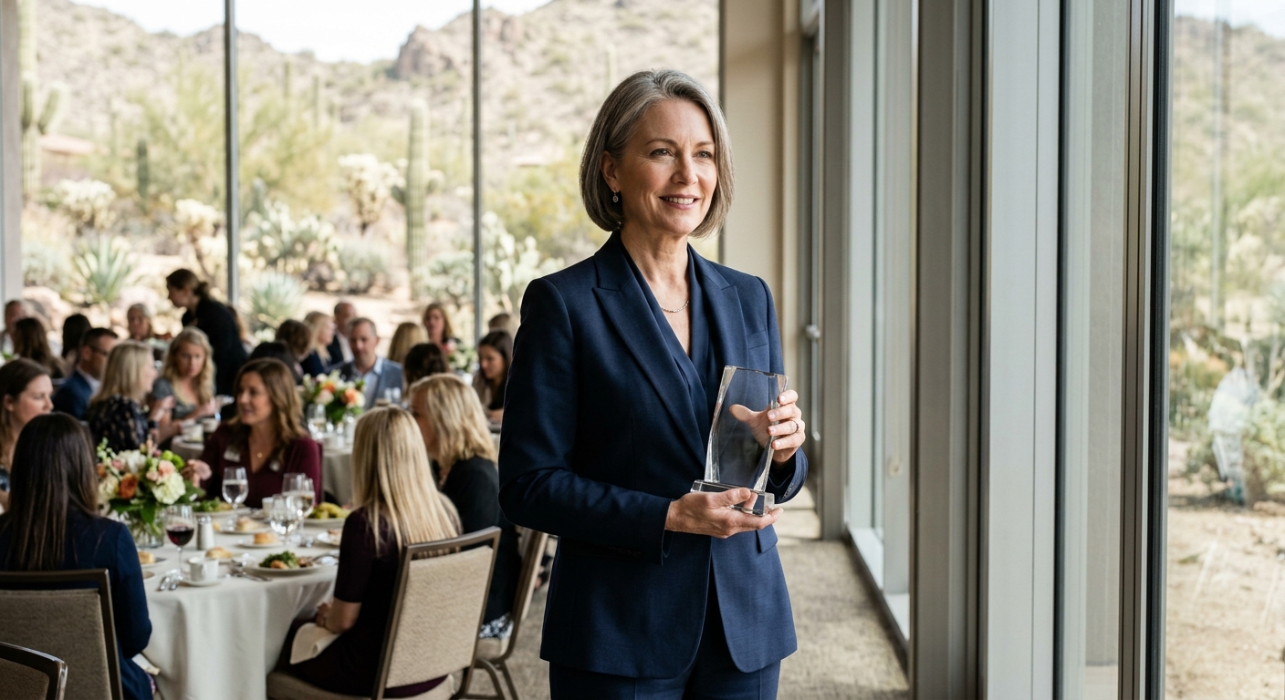a mature female business executive in a tailored suit holding a clear glass award at a daytime luncheon, standing near a large window showing subtle desert land