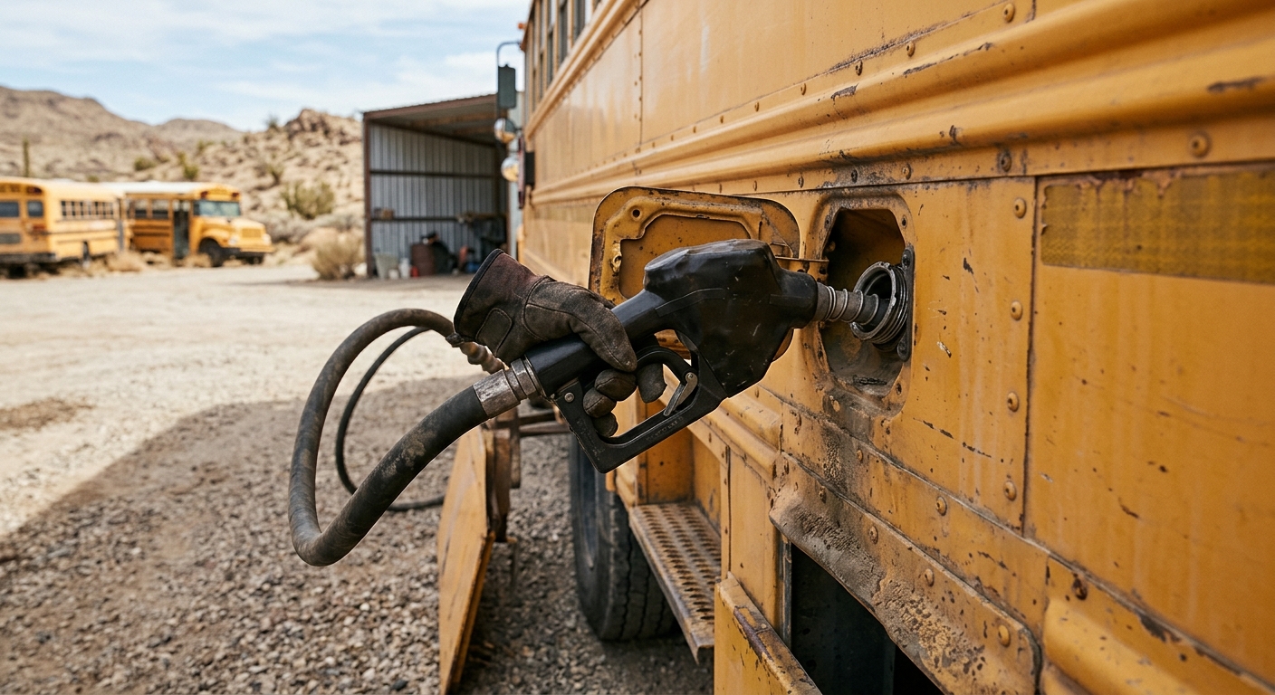a close-up of a fuel pump nozzle inserted into the side of a traditional yellow school bus parked in a dusty gravel depot with arid desert scrub in the backgrou