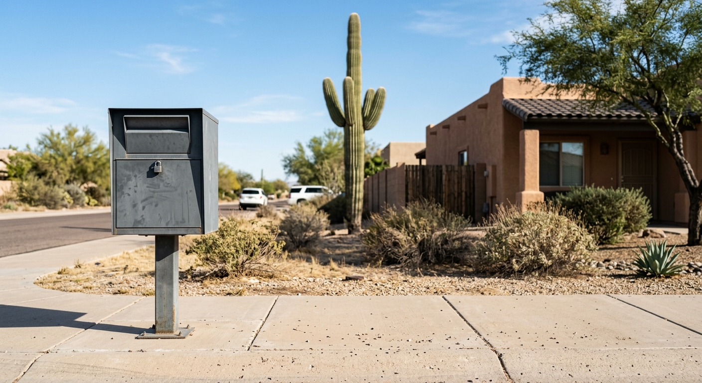 an unmarked metal ballot drop box on a sunny suburban sidewalk, with a tall saguaro cactus, dry brush, and stucco architecture in the background reflecting a So