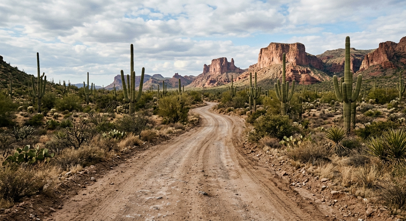 a dusty dirt road winding through a dry desert landscape featuring tall saguaro cacti and distant red rock mesas, natural everyday lighting, shot on a DSLR came