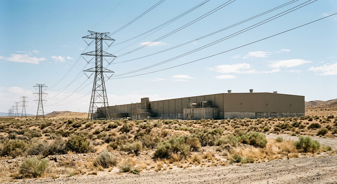 high-voltage power lines running next to a large, flat-roofed, windowless industrial building in an arid desert environment with dry scrub brush and a pale blue