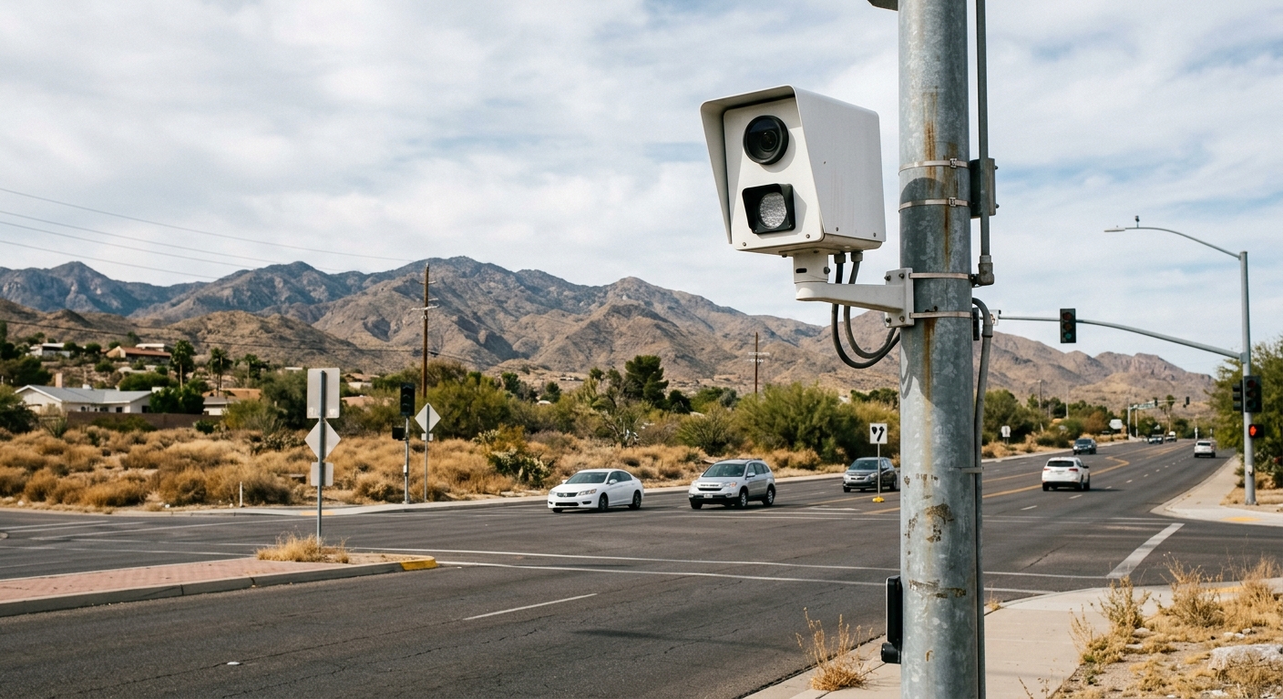 a traffic enforcement camera mounted on a metal pole at a suburban intersection, with dry brush and distant arid mountains in the background, natural everyday l