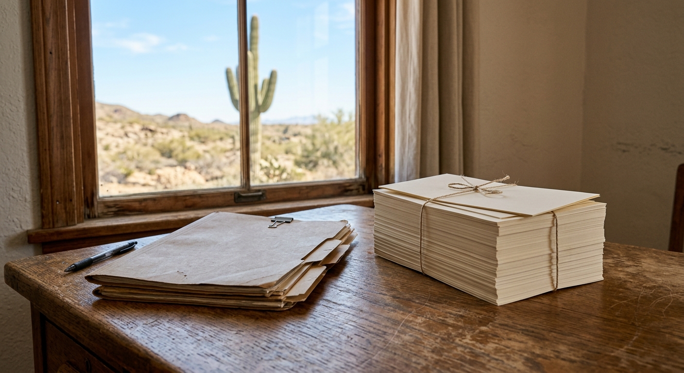 a stack of blank paper ballots and thick legal file folders resting on a worn wooden desk, with a blurred desert landscape and a tall cactus visible through a n