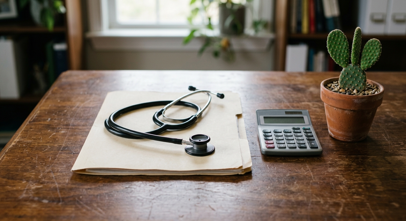 a medical stethoscope resting on a closed manila folder and a basic calculator on a wooden office desk next to a small potted cactus, natural everyday lighting,
