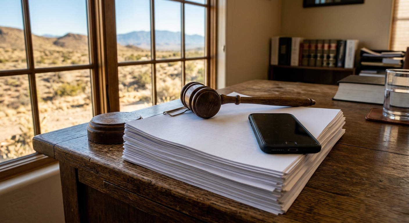 a smartphone and a wooden gavel resting on a stack of printed legal documents on a wooden office desk, warm afternoon sunlight shining through a nearby window w